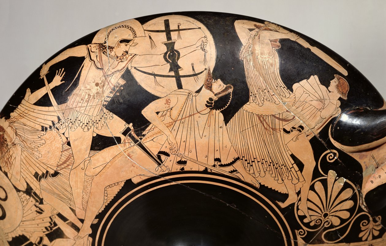 Attic bägare med röd figur som visar scener från det trojanska kriget, c.490 f.Kr. (keramik) (detalj) av Brygos Painter