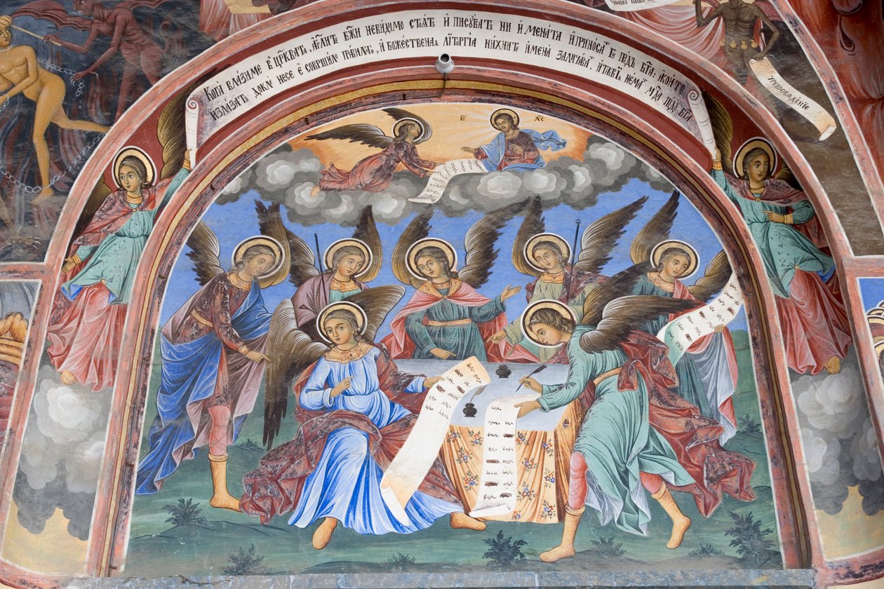 Bulgarien, Rilaklostret, ängelfresk i Jungfru Marie födelses kyrka av Bulgarian School