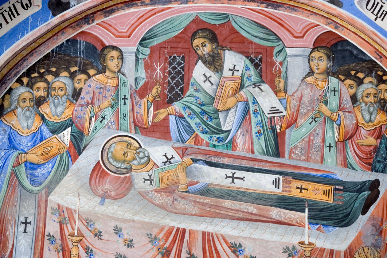 Bulgarien, Rilaklostret, begravningsfresk i Jungfru Maria födelsekyrka av Bulgarian School