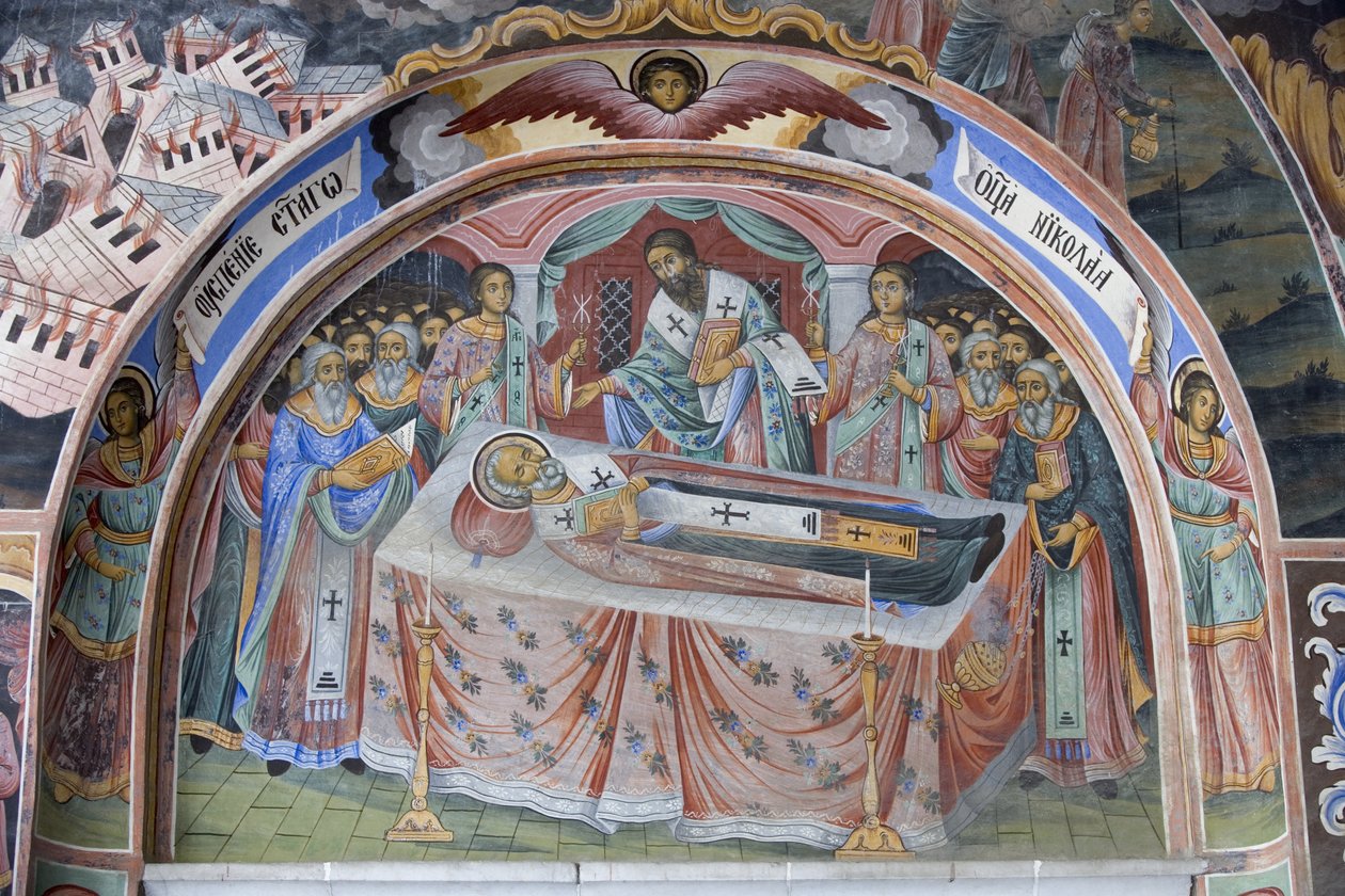 Bulgarien, Rilabergen, Rilaklostret, freskdetalj i Jungfrufödelsens kyrka av Bulgarian School
