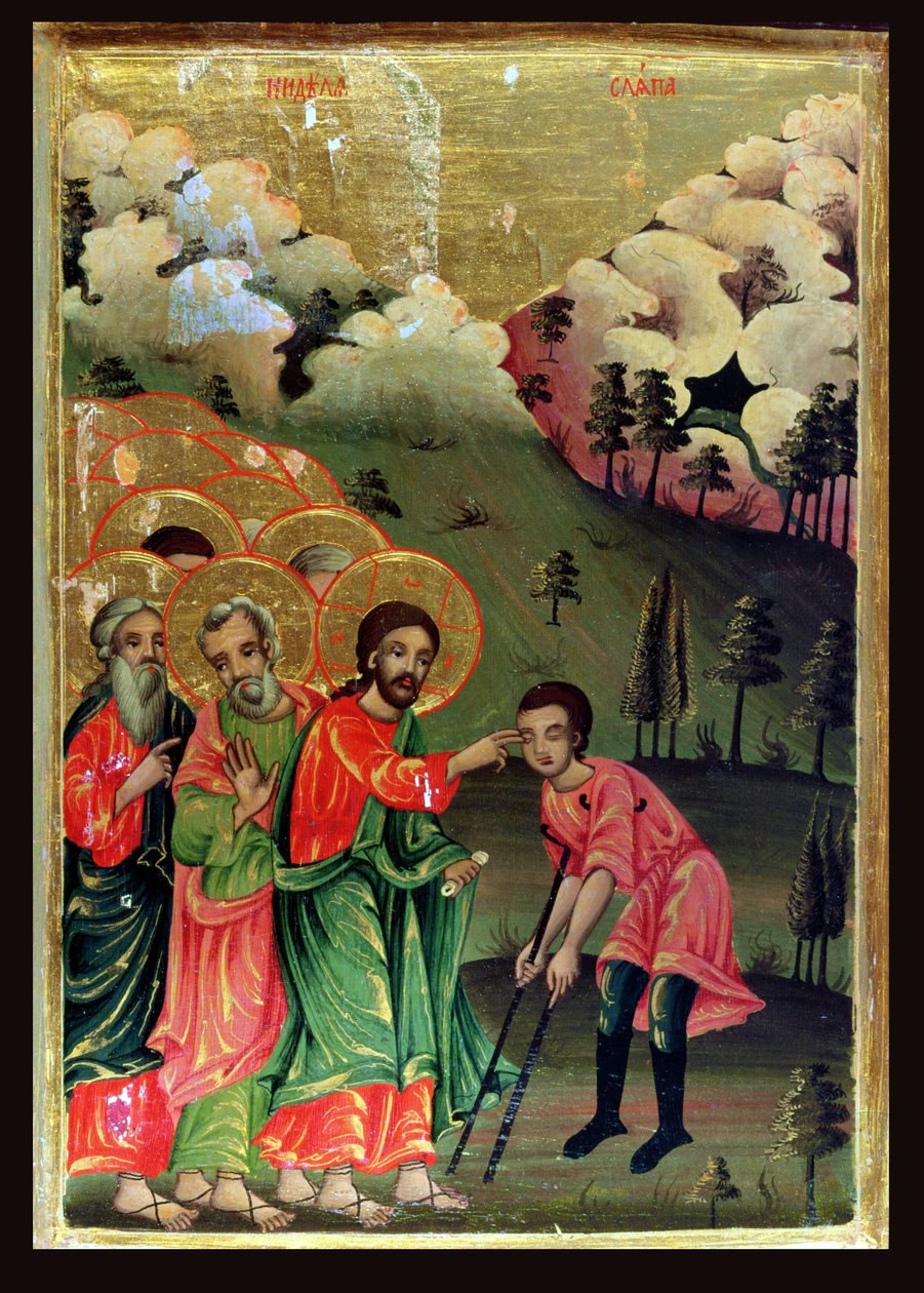The Healing of the Blind Man, 1811 (tempera och bladguld på panel) av Bulgarian School