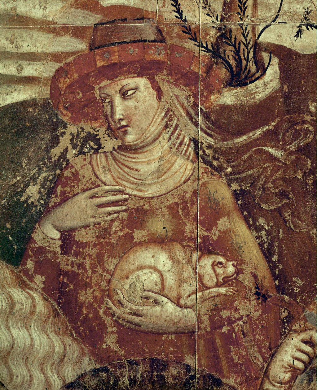 En elegant dam håller en liten hund i famnen ... (fresco) av Buonamico Buffalmacco