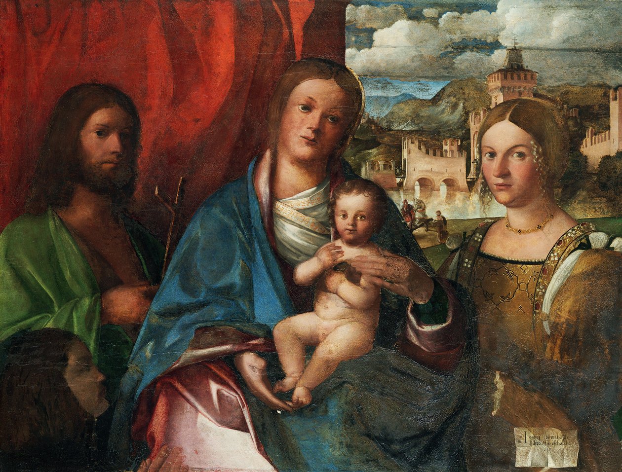 Jungfrun och barnet med de heliga Johannes Döparen, Catherine av Alexandria och donator, tidigt 1500-tal. av Buonconsiglio