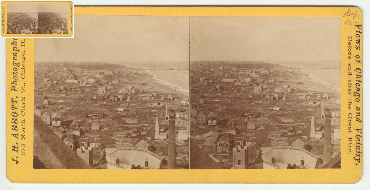 Stereograf av utsikten norrut från vattentornet efter branden i Chicago 1871, 1871 (bw-foto på kortfäste) av Burke and Koretke Burke and Koretke