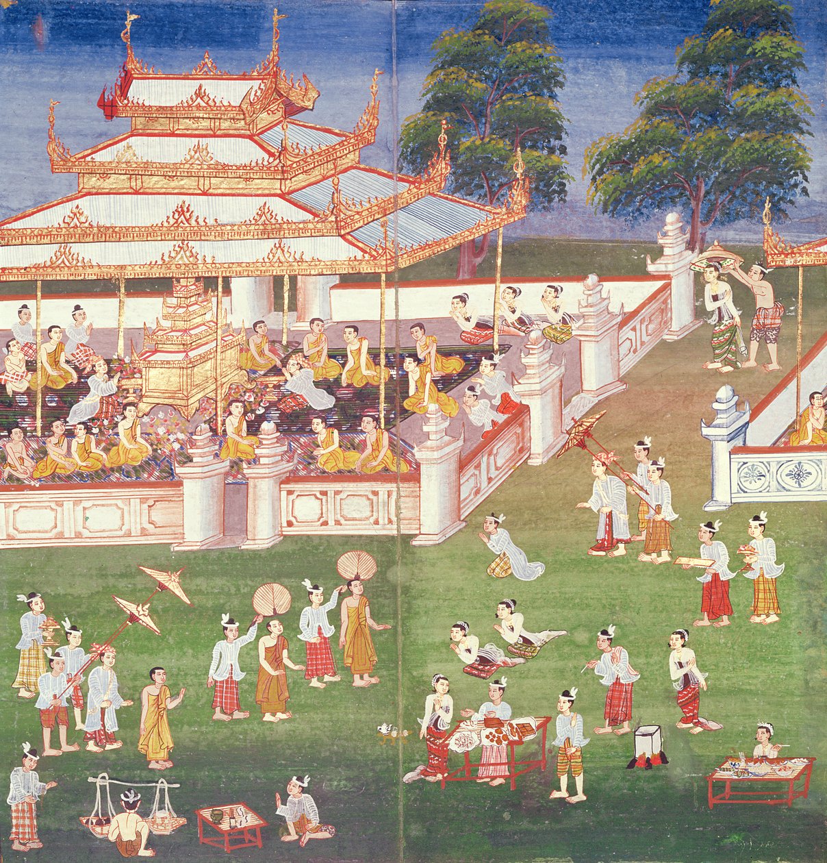 Ma 565-munkar vid sitt årsmöte i juni i Mandalay, från Nimi Jataka, 1869 av Burmese School