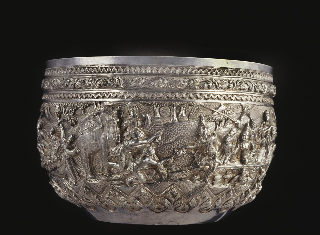Skål med höviska scener, sent 1800-tal (silver) av Burmese School