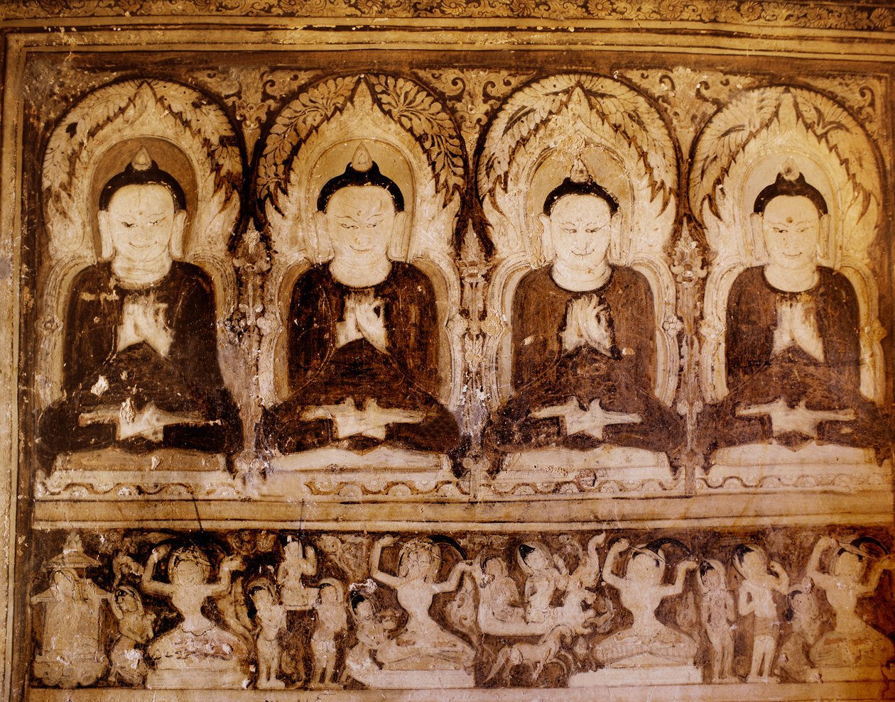 Fyra Buddhas (väggmålning) av Burmese School