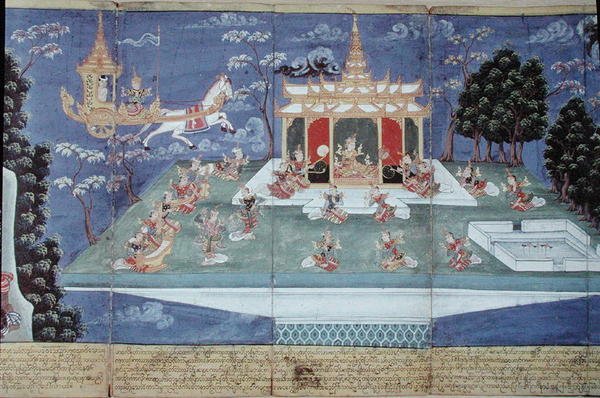 Ma 565 Kung Nimi i sin gudomliga vagn skickad av Indra och ledd av ängeln Matali, besöker himlen och hittar kvinnor av ojämförlig skönhet, från Nimi Jataka, 1869 av Burmese School