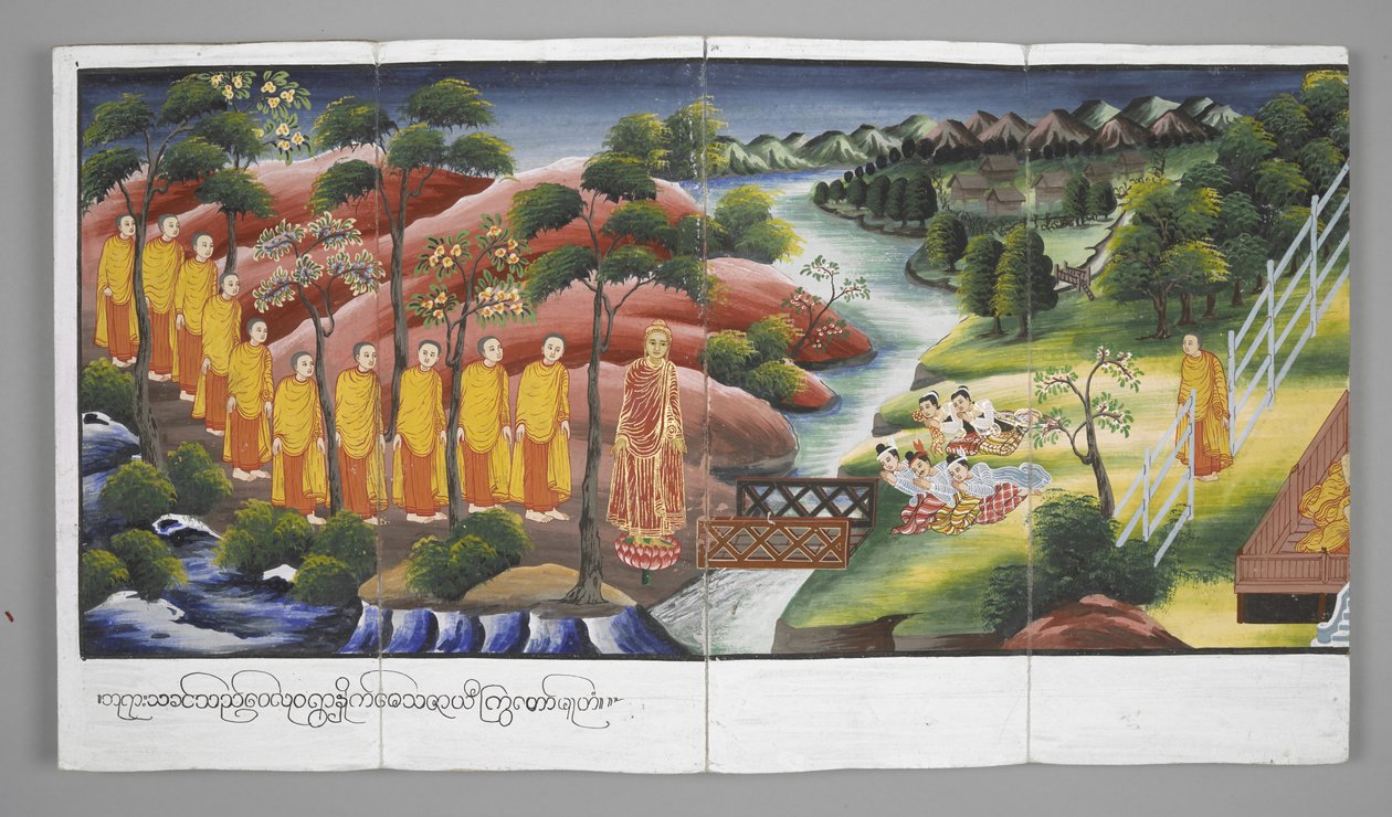 Eller. 13534, f.23 Munkar korsar en flod, scener ur Buddhas liv (pergament) av Burmese School