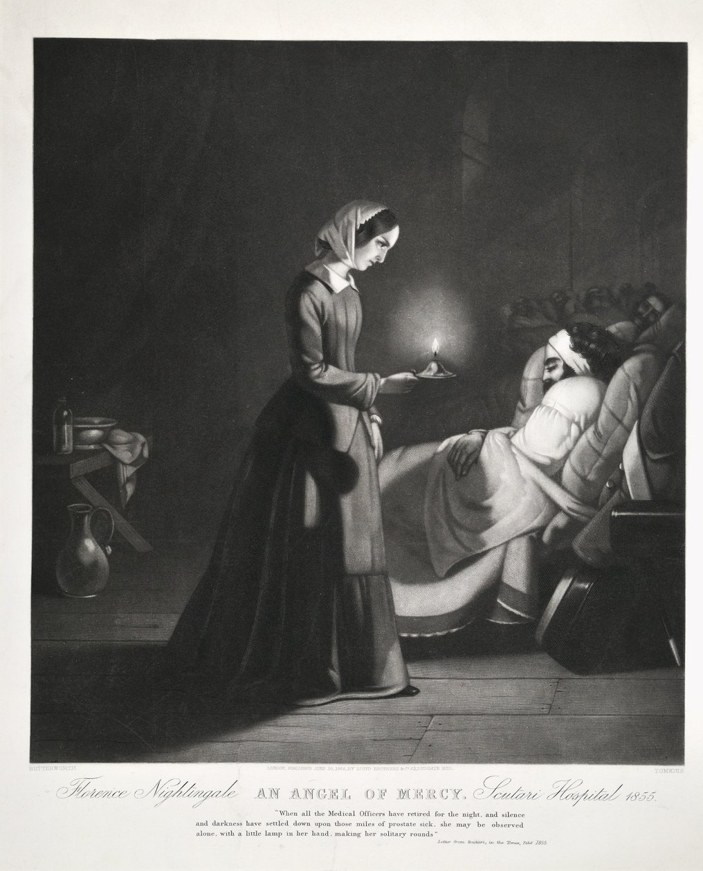 Florence Nightingale, En barmhärtig ängel, Scutari Hospital, graverad av Tomkins, 1855 av Butterworth
