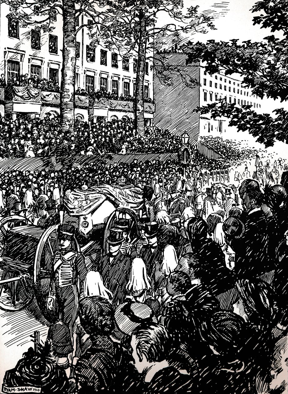 Kung Edward VIIs sista resa genom London: begravningscortegen i Piccadilly, 1910 1911 av Byam Shaw