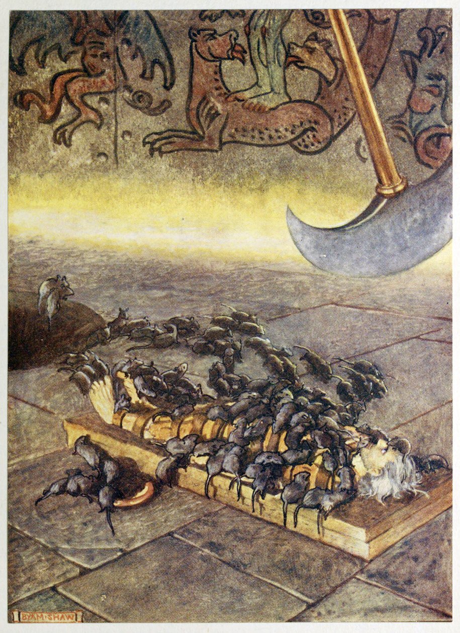 "De svärmade över mig i ständigt ackumulerande högar.", från Selected Tales of Mystery, pub. 1909 (lito i färg) av Byam Shaw