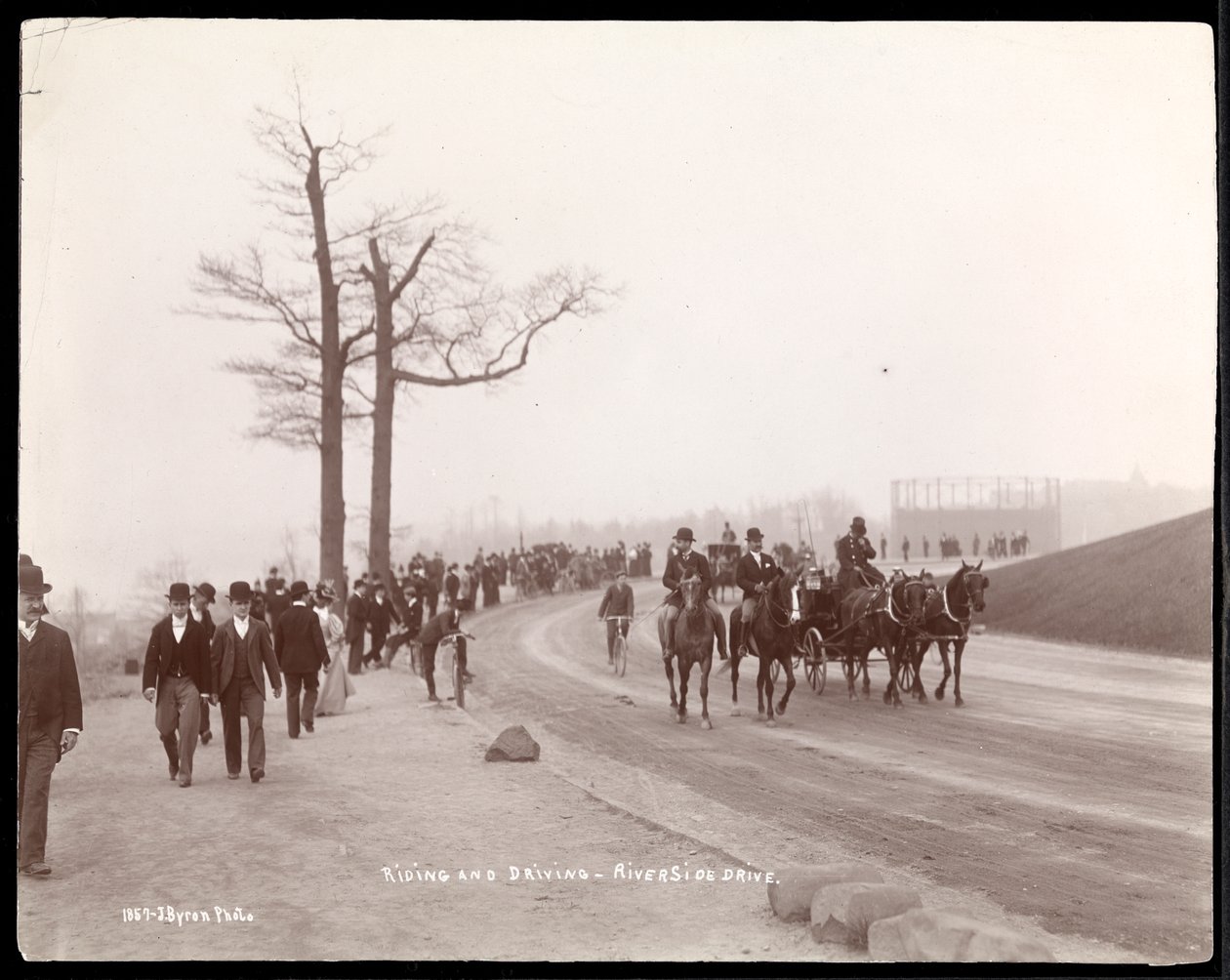 Cyklister och hästdragna vagnar i kurvan på Riverside Drive, New York, 1896 (silvergelatintryck) av Byron Company