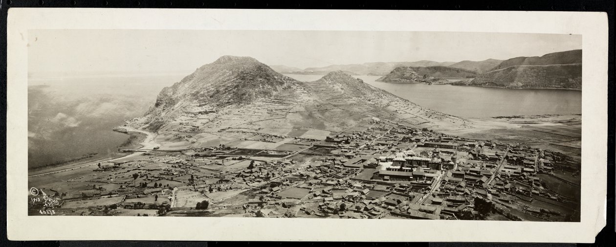 Fågelperspektiv av en stad, förmodligen på eller nära Panamakanalen, 1913 (silvergelatintryck) av Byron Company