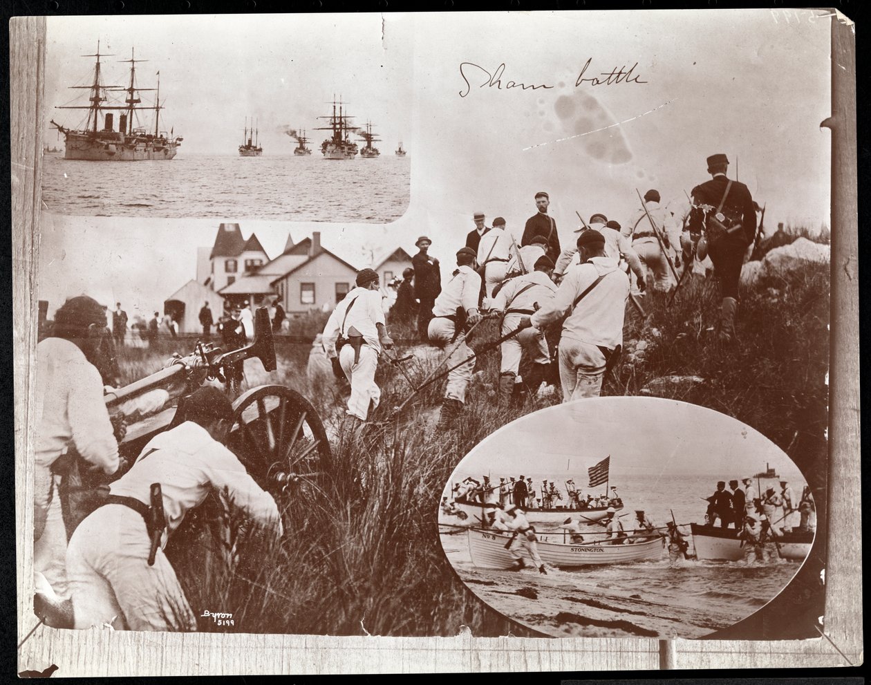 Kopia av ett tidigare fotomontage av tre bilder av Naval Reserves på Fishers Island, 1891 (fotografiskt tryck) av Byron Company