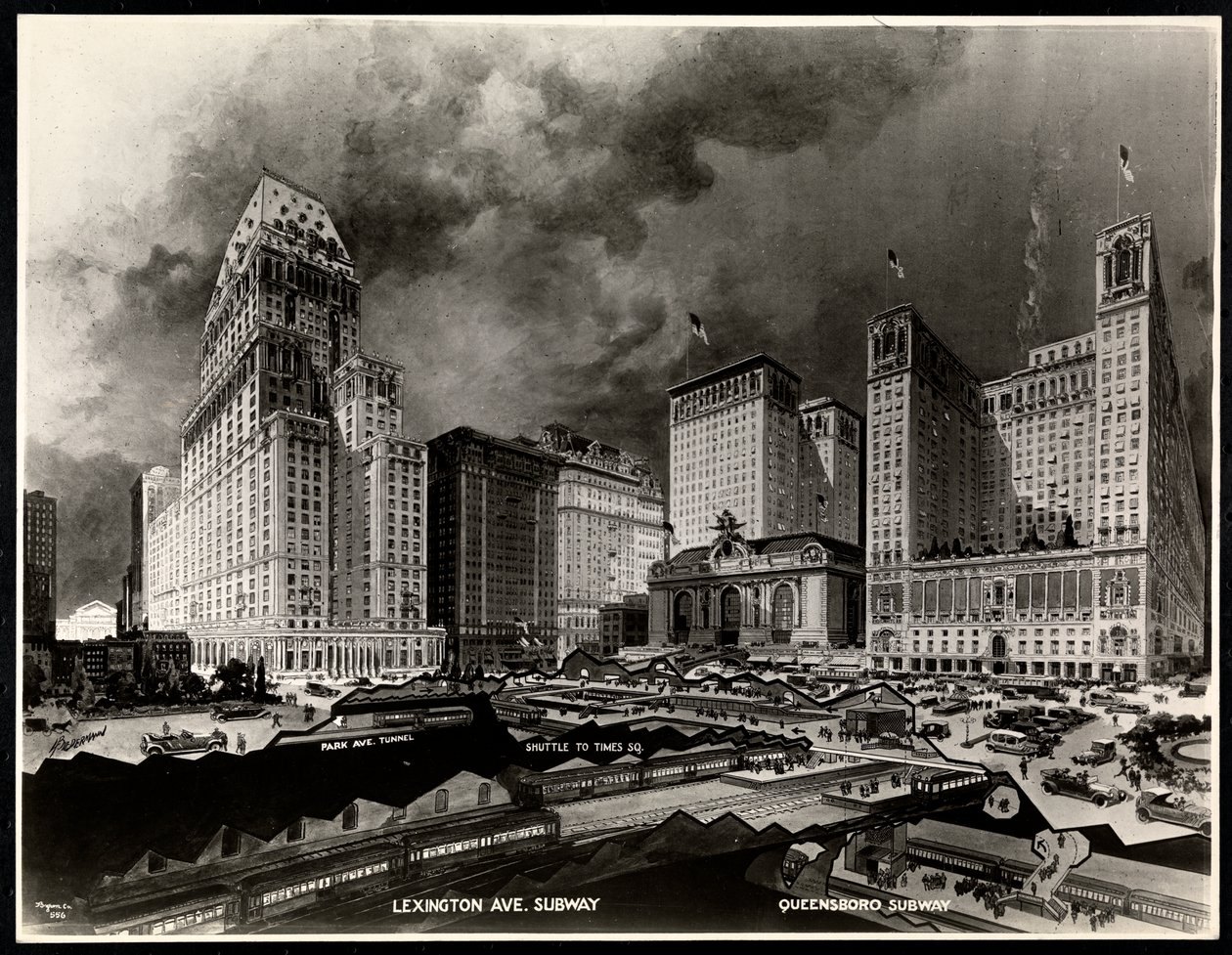 Fotografi av en ritning av tunnelbanelinjer runt Pershing Square av H. Biedermann, 1919 (silvergelatintryck) av Byron Company