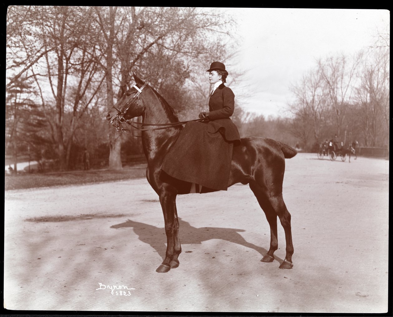 Porträtt av Miss. Beach poserade på en häst på ridvägen i Central Park, 1898 (silvergelatintryck) av Byron Company