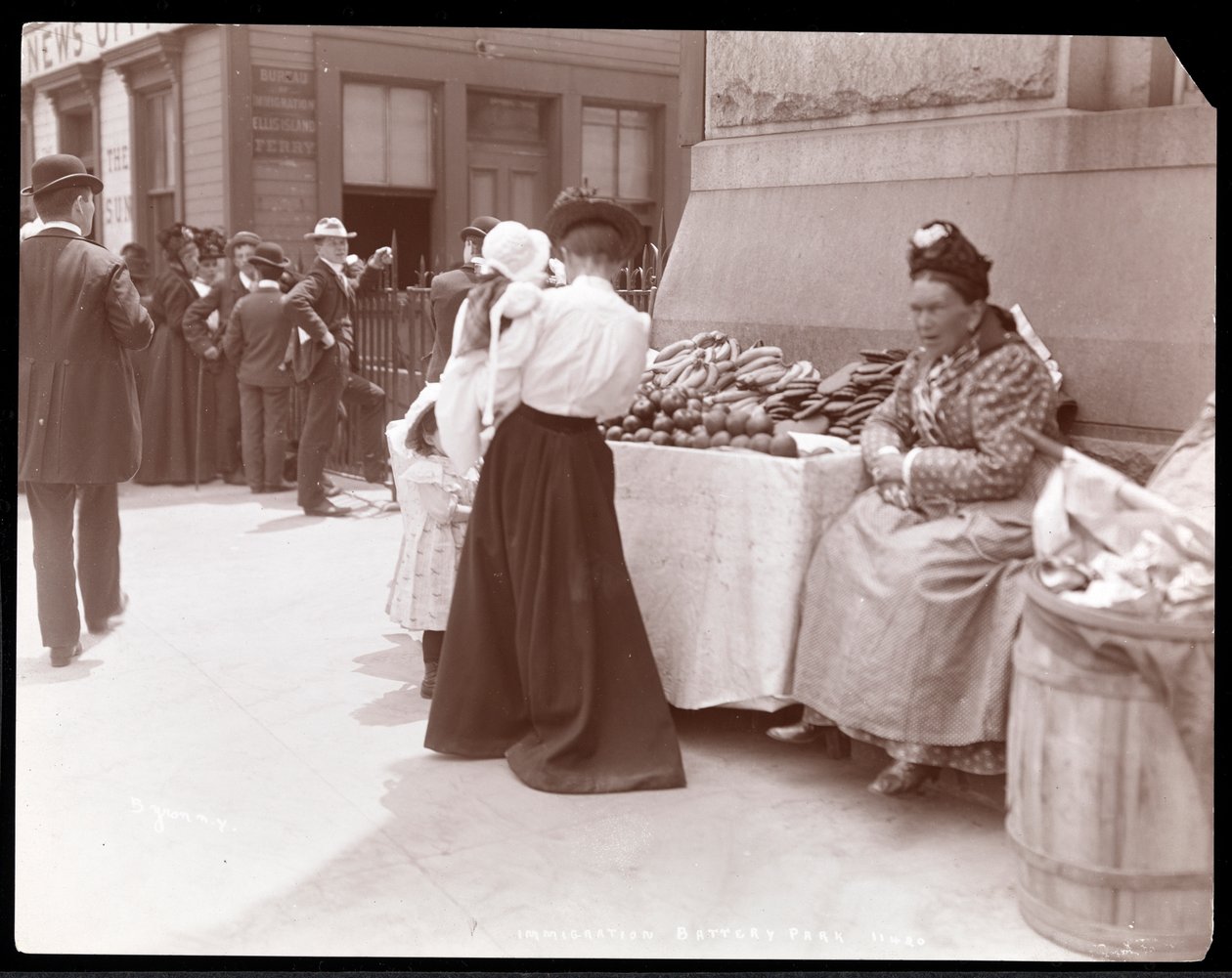 En fruktförsäljare vid Battery Park, som förmodligen väntar på immigranter från Ellis Island, New York, ca 1901 (silvergelatinprint) av Byron Company