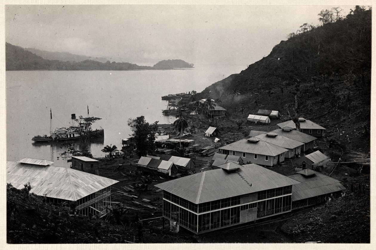 Utsikt över en grupp byggnader nära en stor vattenmassa under byggandet av Panamakanalen, 1912 eller 1913 (silvergelatintryck) av Byron Company