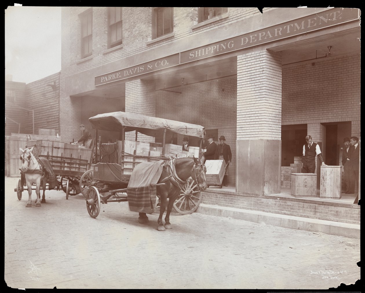Vy över lastkajen för sjöfartsavdelningen i Parke, Davis und Co., kemister, Hudson und Vestry Streets, New York, 1910 (silvergelatintryck) av Byron Company