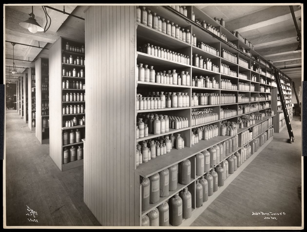 Interiör av ett kemiskt förråd hos Parke, Davis och Co, kemister, Hudson och Vestry Streets, New York, 1910 (silvergelatintryck) av Byron Company