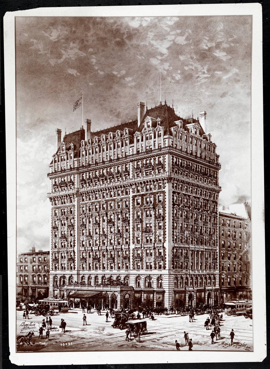 Fotografi av en ritning av Hotel Knickerbocker, sydöstra hörnet, 42nd Street och Broadway, New York, 1900, av Hughson Frederick Hawley (1850-1936), tryckt 1902. av Byron Company