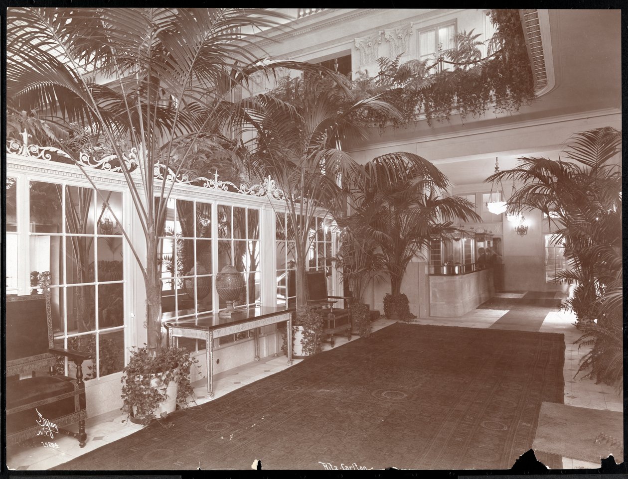 Lobbyn och registreringsdisken på Ritz-Carlton Hotel, ca 1910-11 (silvergelatintryck) av Byron Company