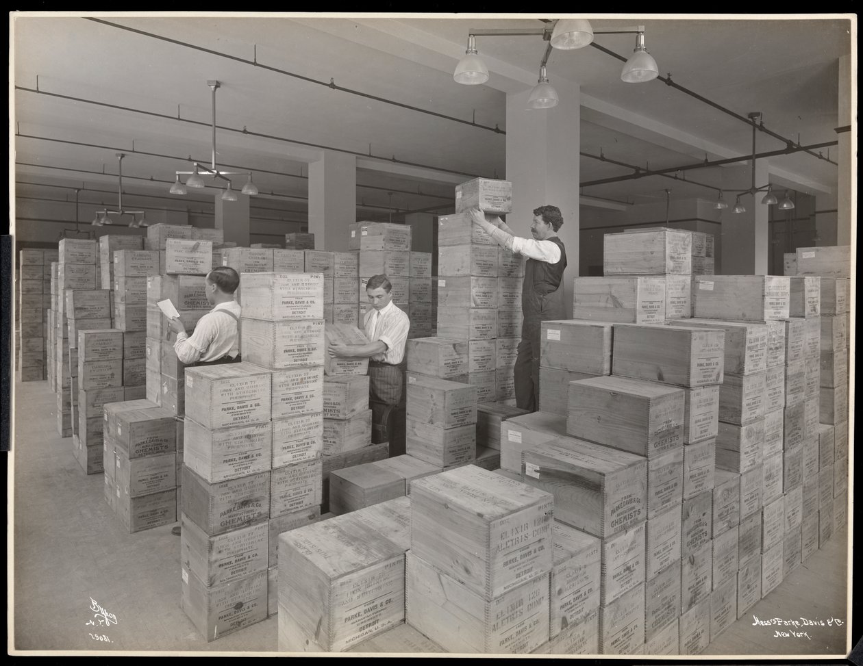 Vy över män i expeditionsrummet hos Parke, Davis och Co, kemister, Hudson och Vestry Streets, New York, 1910 (silvergelatintryck) av Byron Company