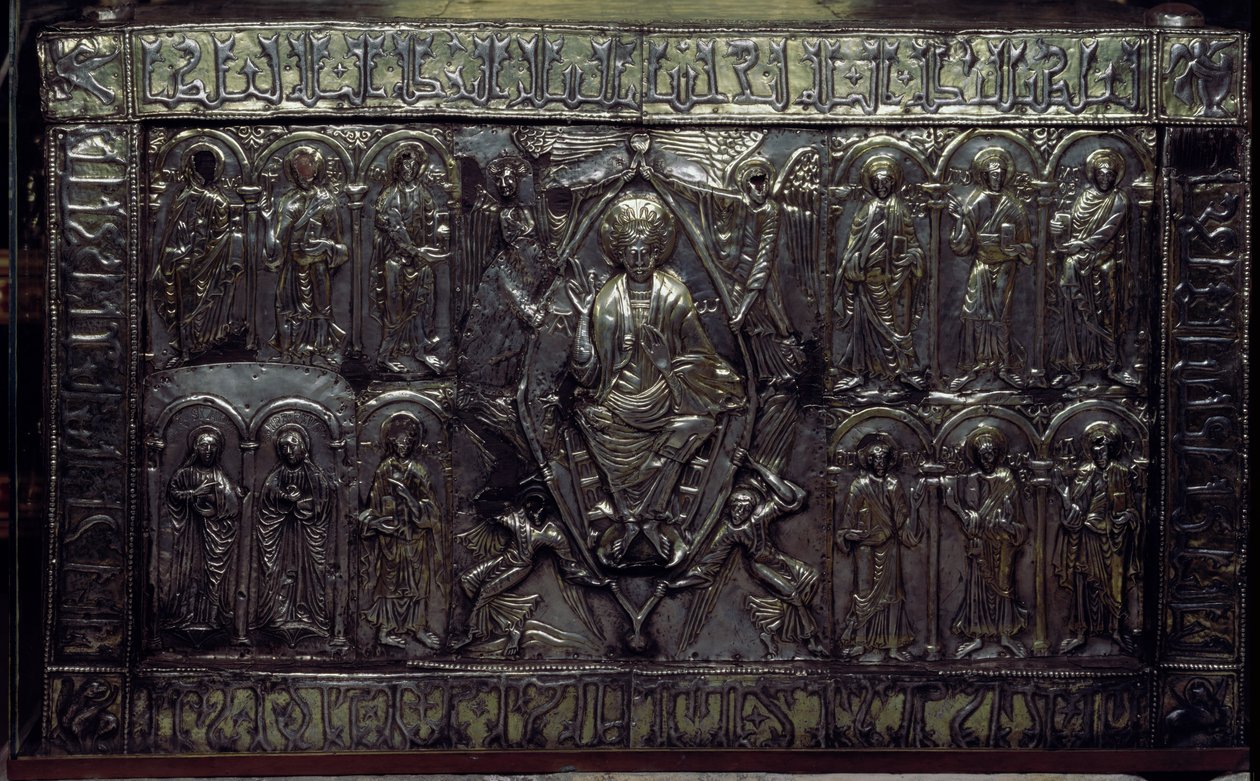 Framsidan av Arca Santa som innehåller Sudarium Christi, förvarad i Camara Santa (silver) av Byzantine