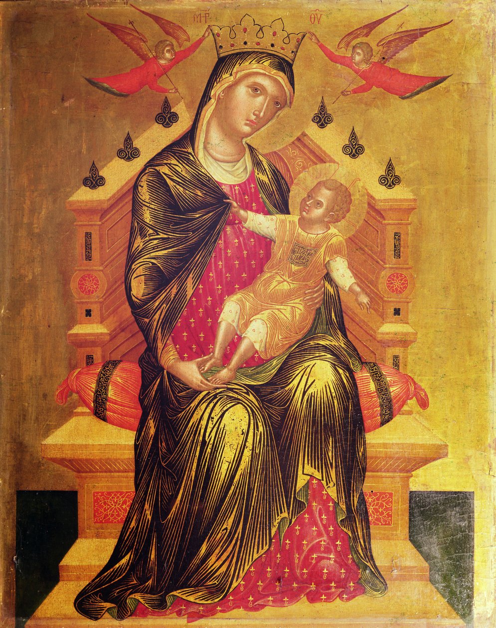 Madonna og Child troner med to engle (tempera på panel) swed av Byzantine
