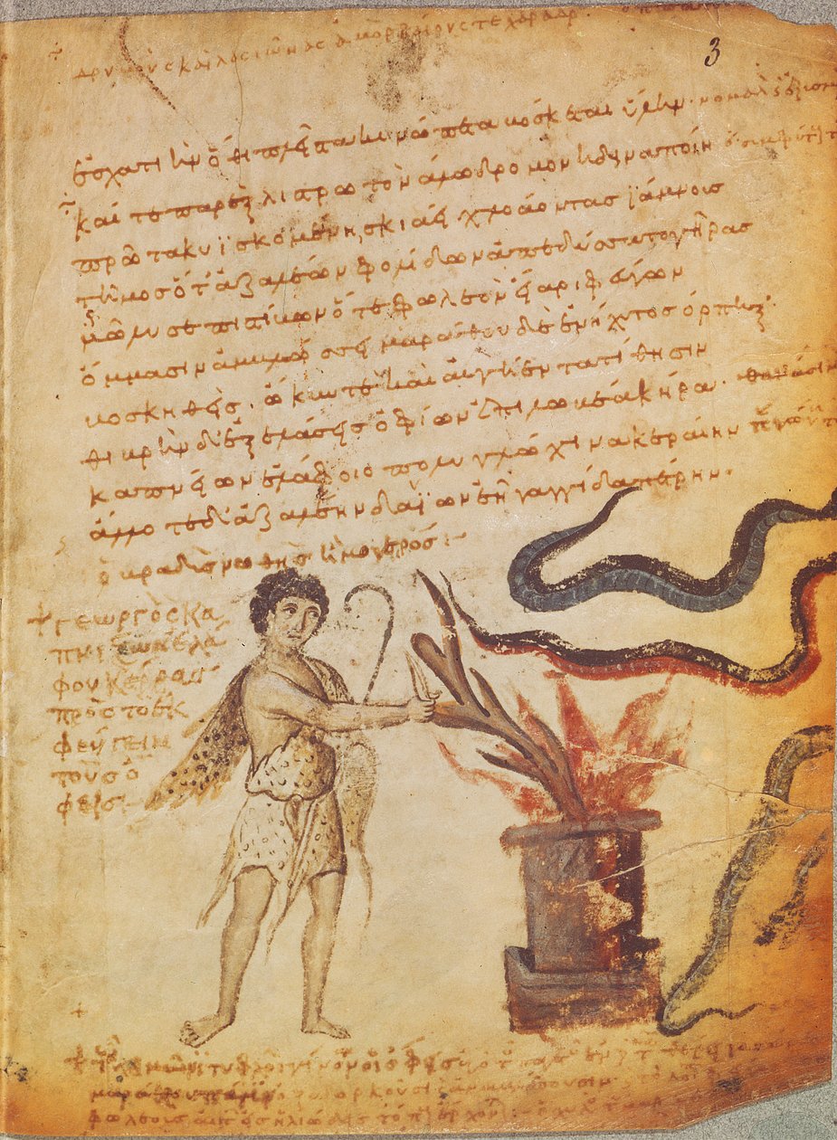Ms Supp Grec 247 fol.3 En herde som bränner en hornskalle för att fördriva ormar, från Theriaca av Nikander av Kolofon (fl.200-talet f.Kr.). av Byzantine