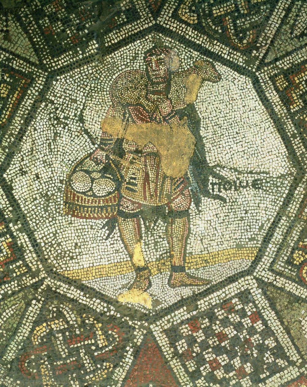 Bonde som bär en tacka och en korg med ost, från det kejserliga palatset i Konstantinopel, 500-600-talet (mosaik) av Byzantine