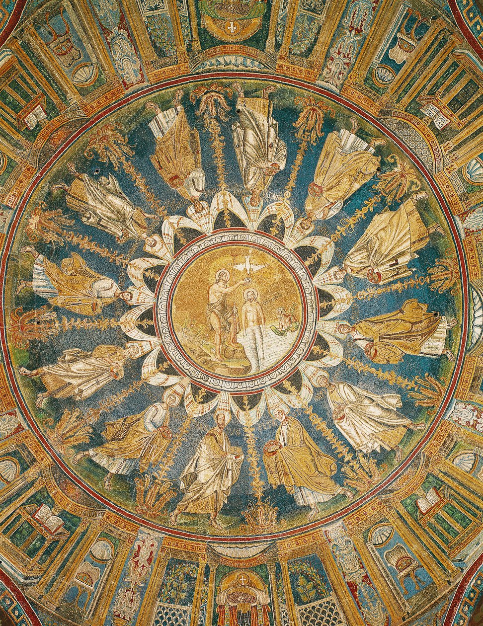 Kristi dop omgivet av apostlarna, från den centrala kupolens valv (mosaik) av Byzantine