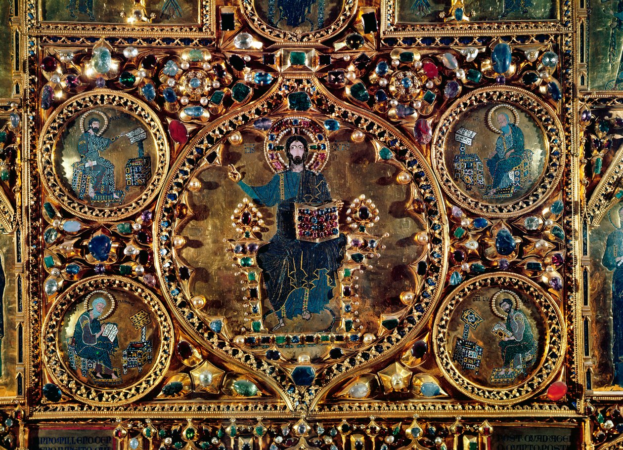 Pala dOro, detalj av Kristus i Majestät med evangelisternas guld & emalj inlagda med ädelstenar av Byzantine