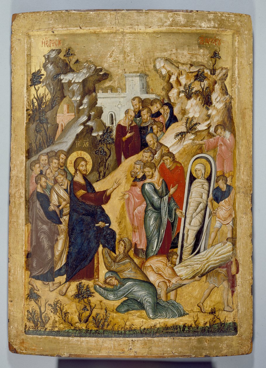 The Raising of Lazarus, 1300-talet (tempera och bladguld på panel) av Byzantine