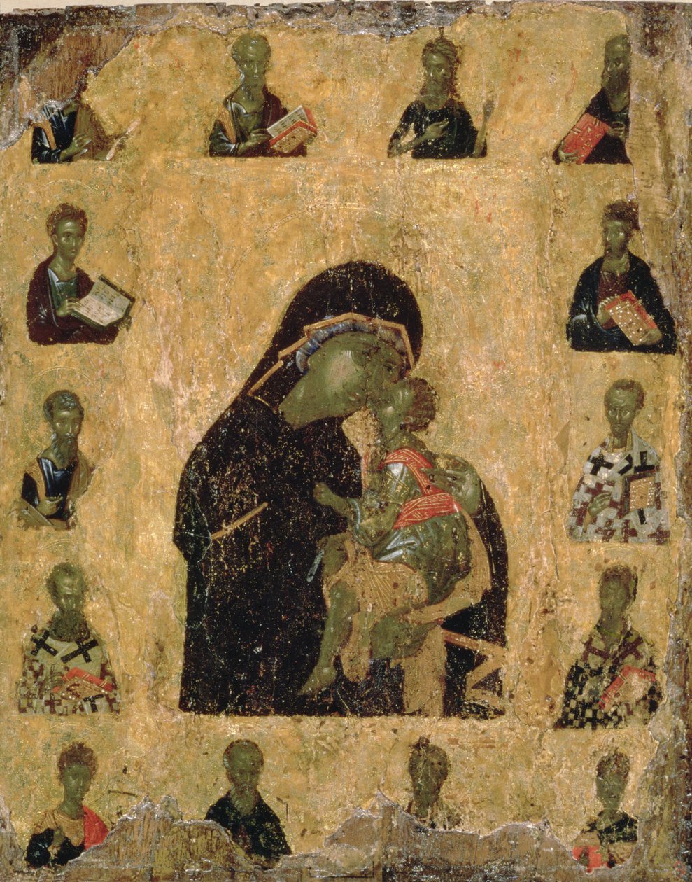 Jungfrun med de heliga i ömhet, 1350-1400 (ägg tempera och gesso på panel) av Byzantine