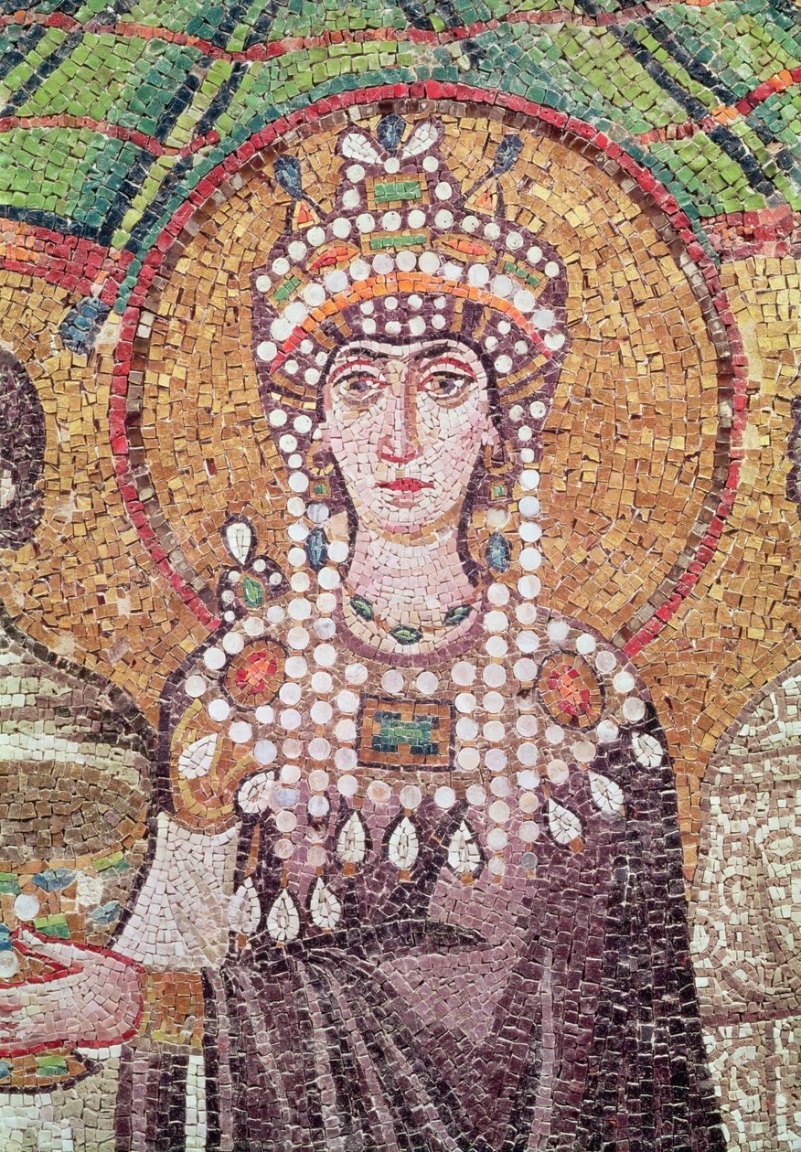 Kejsarinnan Theodora med sitt hov av två ministrar och sju kvinnor, detalj av Theodora, ca 547 e.Kr. av Byzantine School