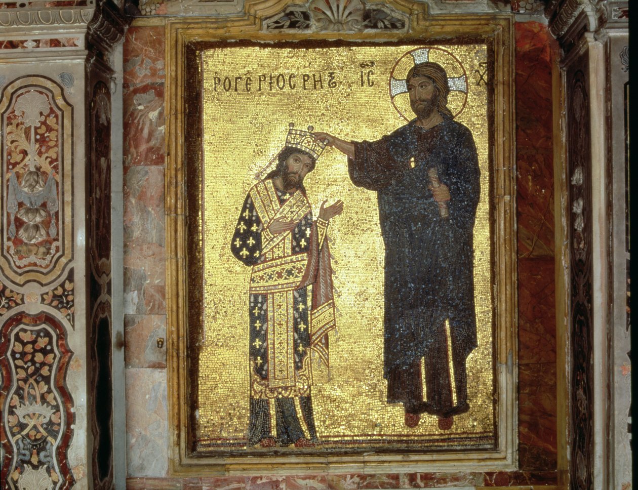 Kristus som kröner kung Roger II av Sicilien (1093-1154) (mosaik) av Byzantine School
