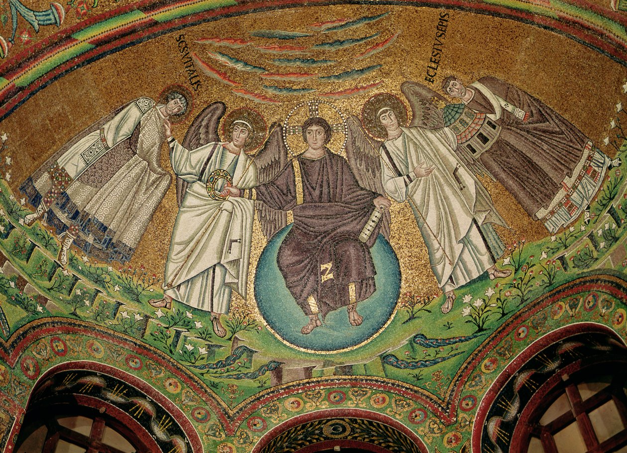Kristus omgiven av två änglar, St. Vitalis och biskop Ecclesius, från absiden (mosaik) av Byzantine School