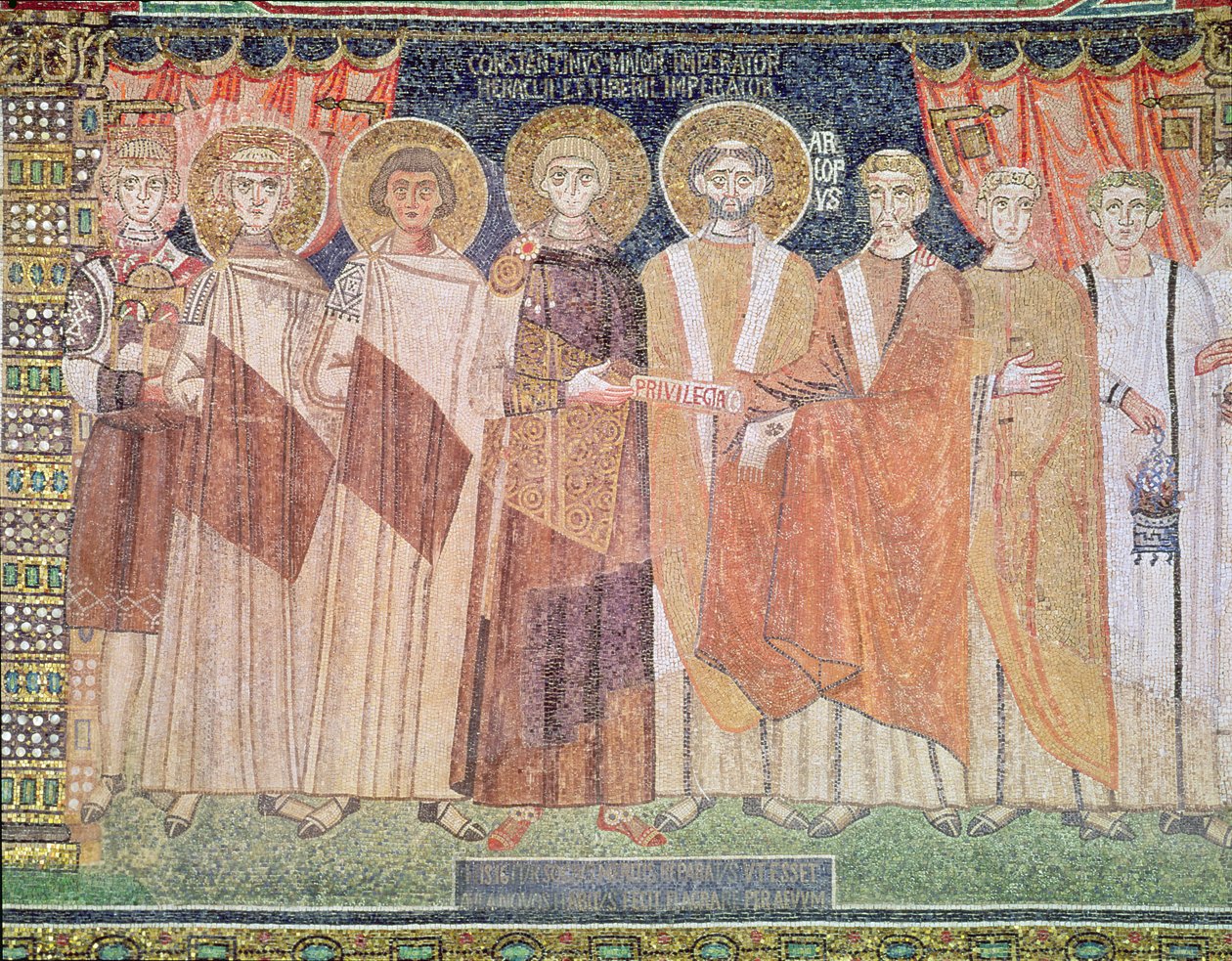 Konstantin IV ger biskop Reparatus privilegier för kyrkan i Ravenna, 671-77 (mosaik) av Byzantine School