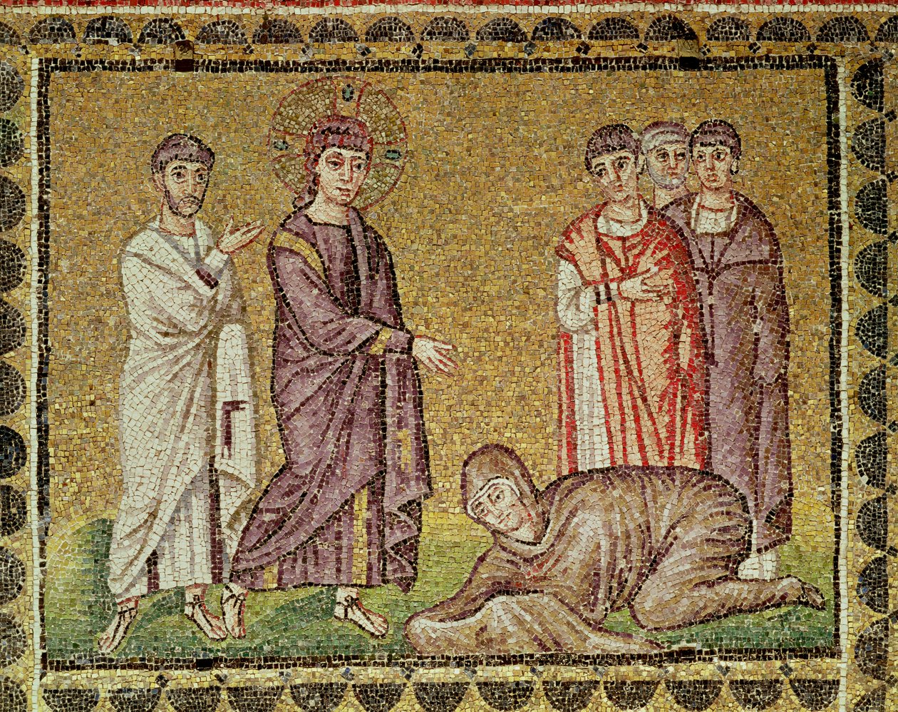 Jesus botar kvinnan som blöder, scener ur Kristi liv (mosaik) av Byzantine School