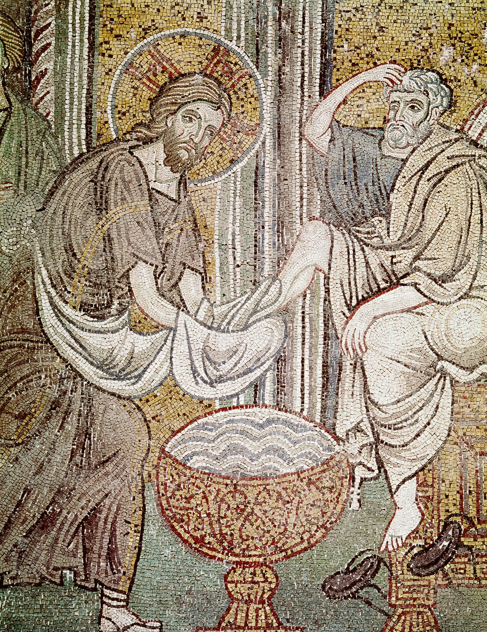 Jesus och St Peter, detalj från Jesus som tvättar apostelns fötter (mosaik) av Byzantine School