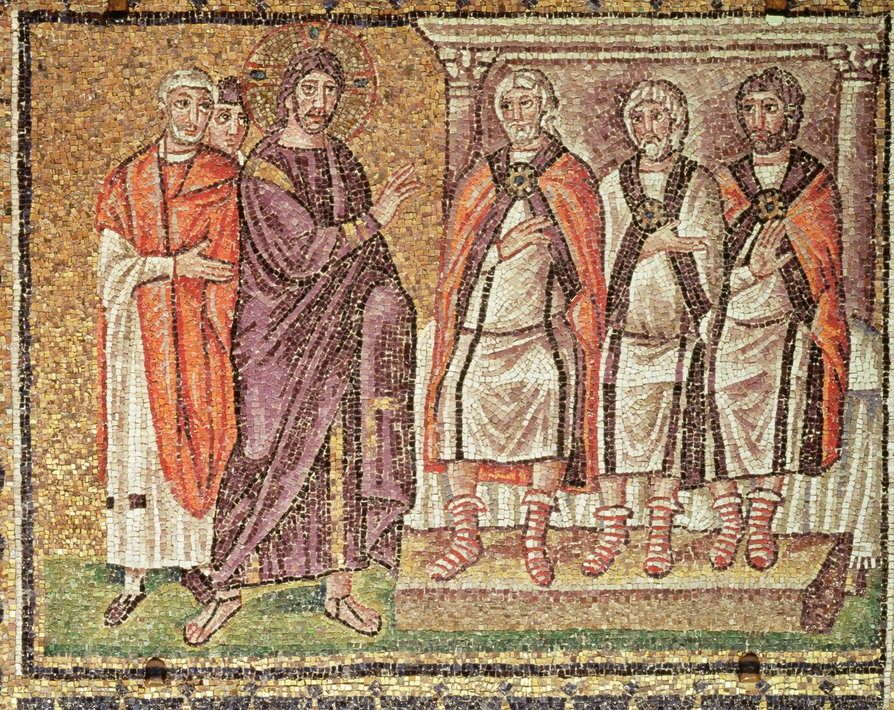 Jesus inför Caiphus, scener ur Kristi liv (mosaik) av Byzantine School
