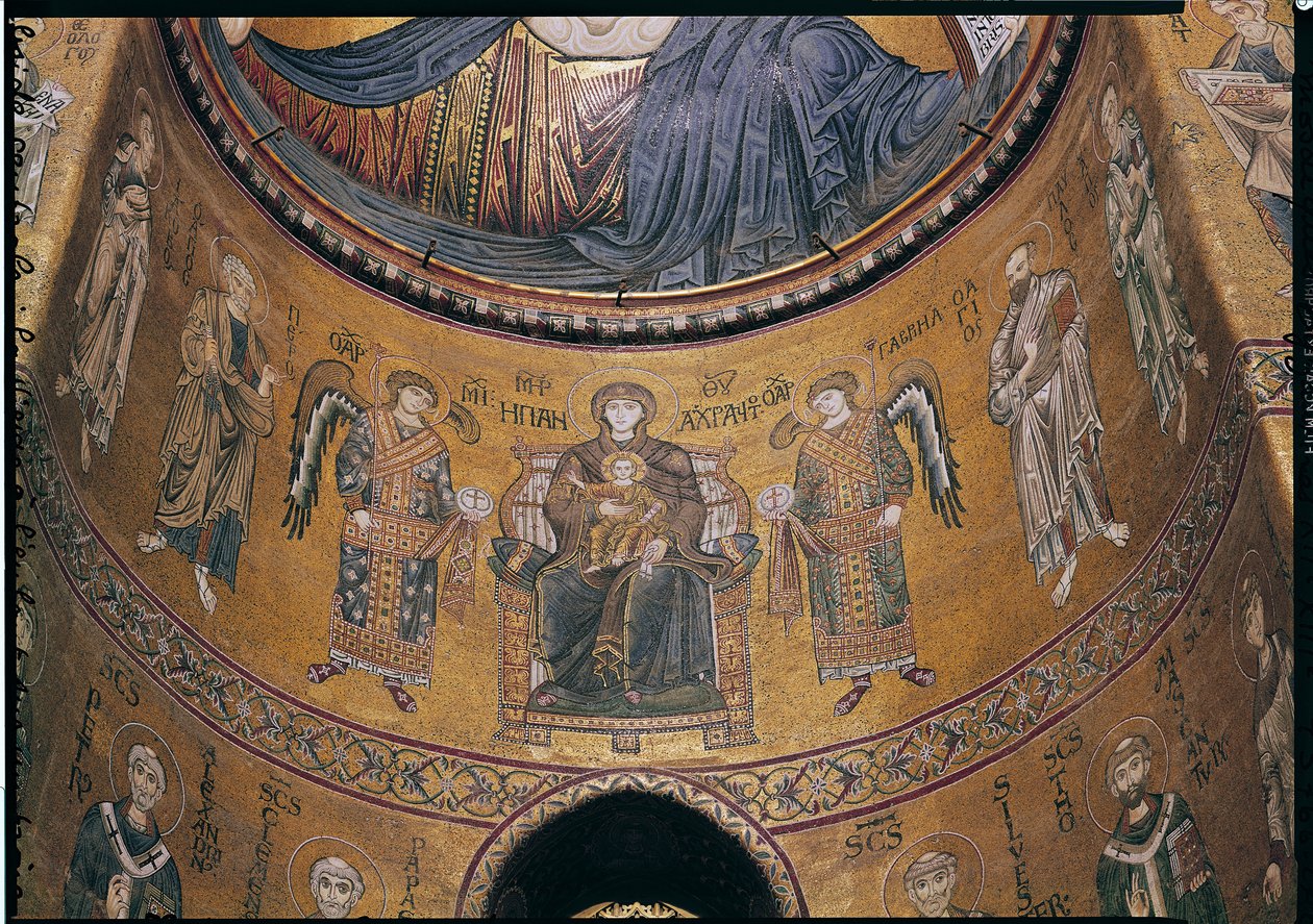 Madonna och barn tronade med änglar och apostlar, från den centrala absiden (mosaik) av Byzantine School