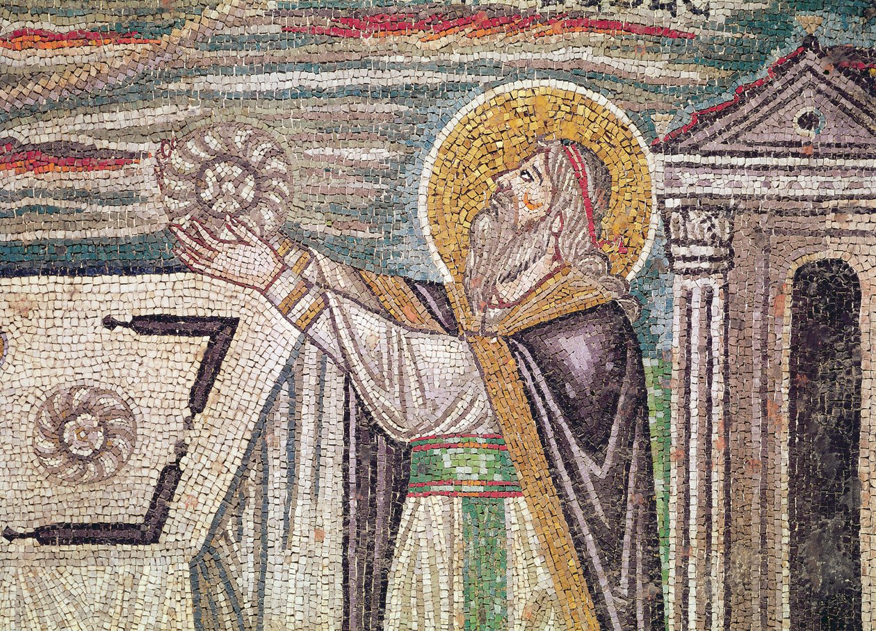 Ua ofo atu e Mekisateko le Areto i le Fatafaitaulaga, o faamatalaga o le lunette i le puipui i Saute o loo faaalia ai taulaga a Apelu ma Mekisateko (moseiko)swed. av Byzantine School