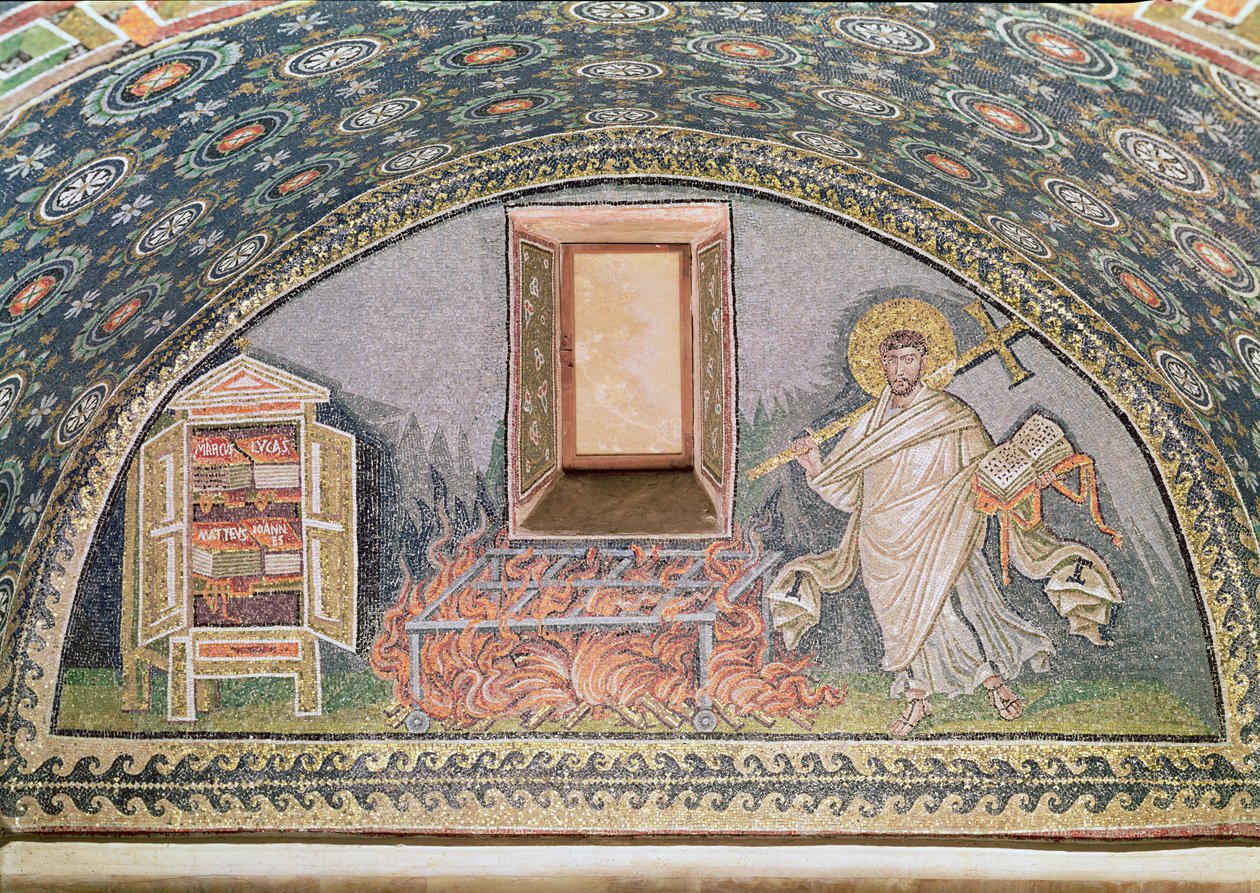 Sandsynligvis Saint Lawrence, martyrdød på en jerngrill (mosaik) (detaljer fra 182913) svensk av Byzantine School