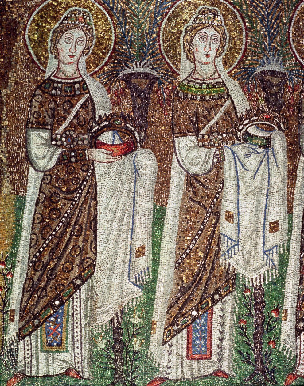 Procession of Virgin Martyrs, 527-99 (mosaik) (detalj av 58073) av Byzantine School