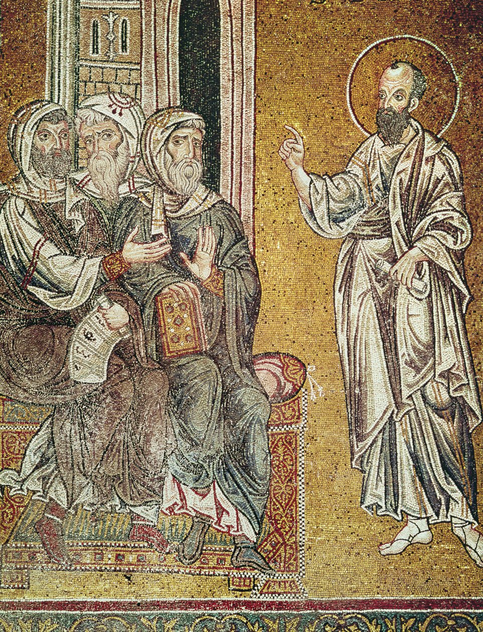 Paulus predikar för judarna i synagogan i Damaskus, från scener ur Paulus liv (mosaik) av Byzantine School