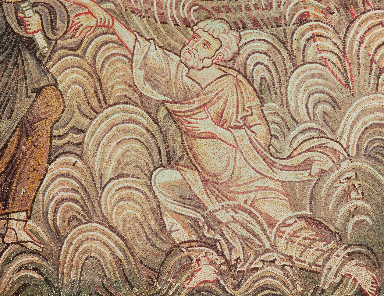 St. Peter räddad från att drunkna av Kristus, detalj av St. Peter (mosaik) av Byzantine School
