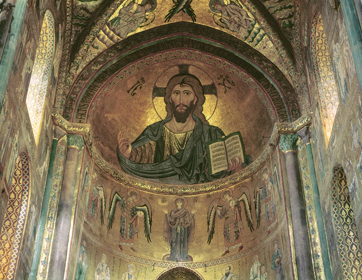 Vy över absiden som visar Kristuspantokratorn och jungfrun vid bön omgiven av ärkeänglar, 1148 (mosaik) (se även 97197) av Byzantine School